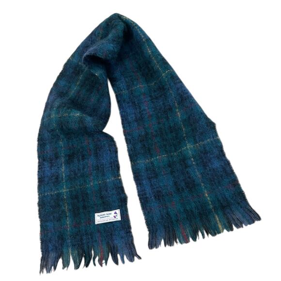 Vintage Blue Tartan Plaid Mohair Wool Scarf Made in Scotland - - Picture 4 of 4